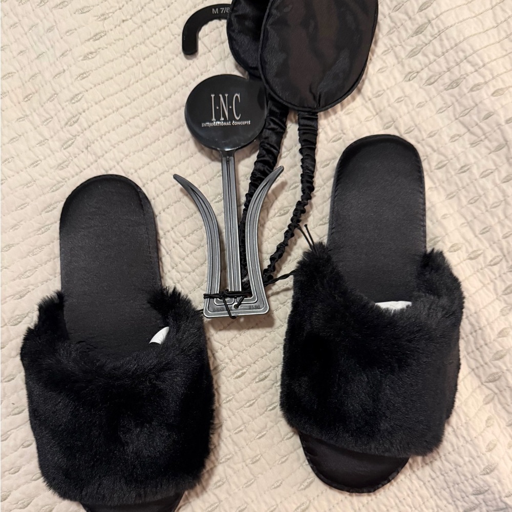 INC Black Faux Fur Slippers and Sleep Mask Set